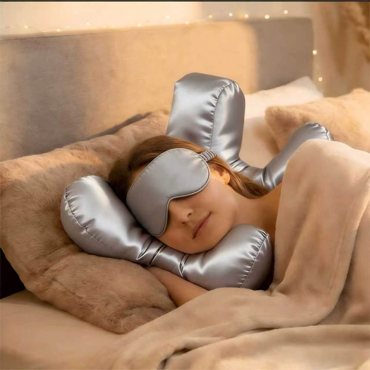 Woman sleeping in bed with the silver satin anti-wrinkle face pillow and matching eye mask