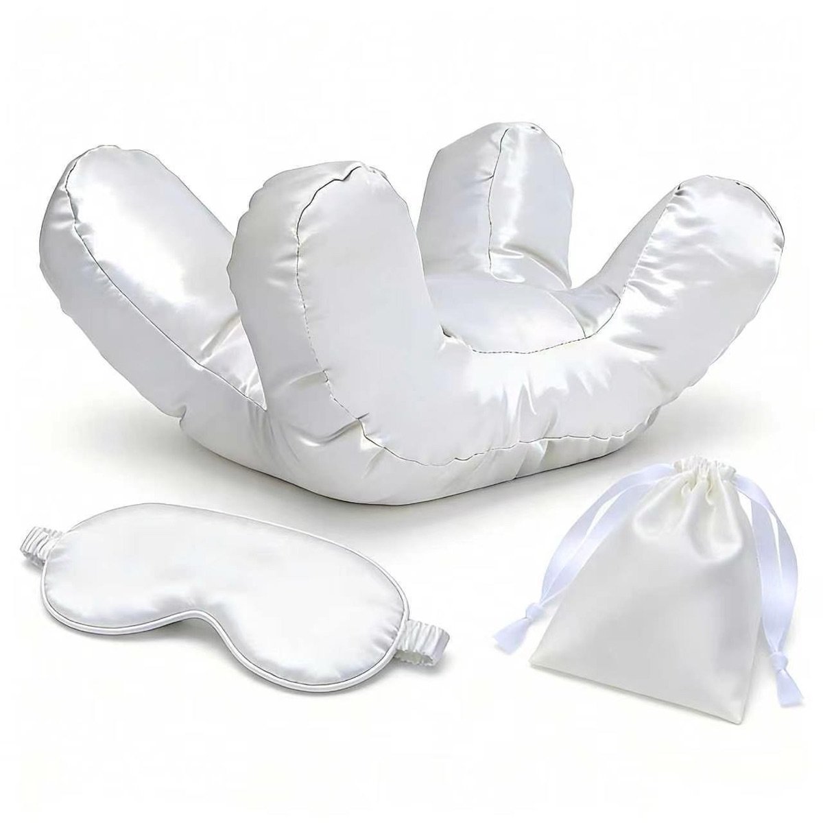 White satin anti-wrinkle face pillow with matching eye mask and satin drawstring pouch on a white background