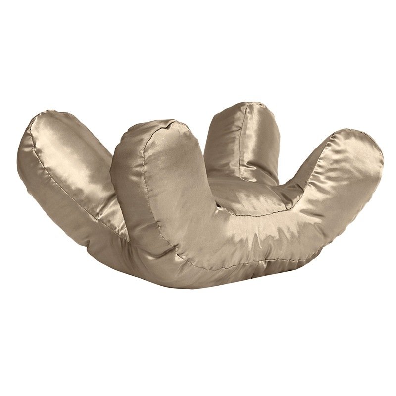 Champagne gold satin face pillow seen from the back, showing the three-point contour and side arms