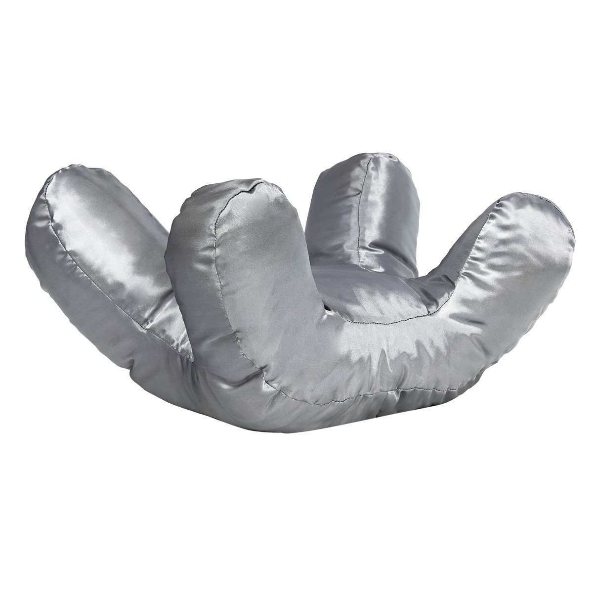 Silver grey satin anti-wrinkle beauty face pillow with a bone-shaped contour, front view on white