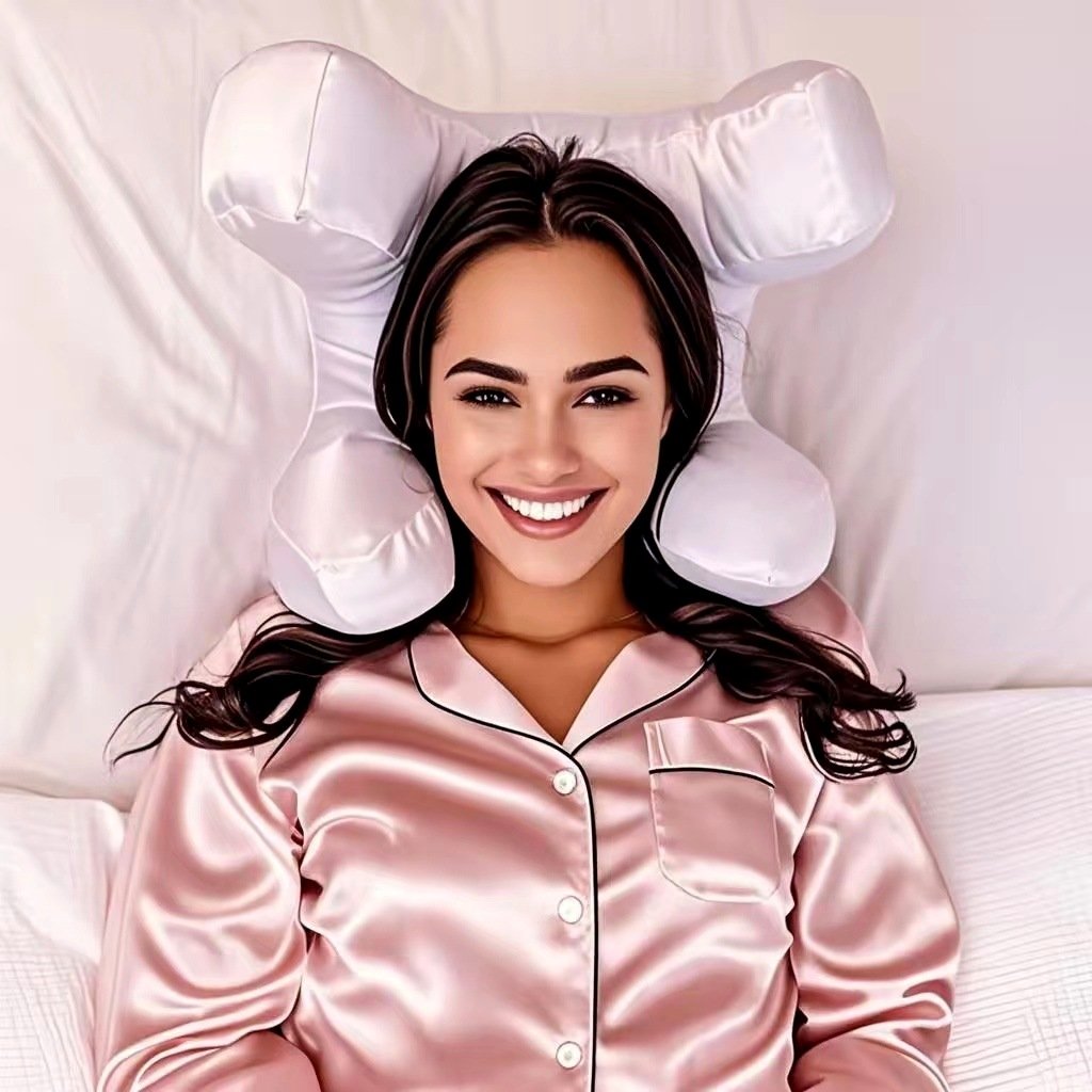 Woman resting on her back with DOWCHI contoured beauty pillow