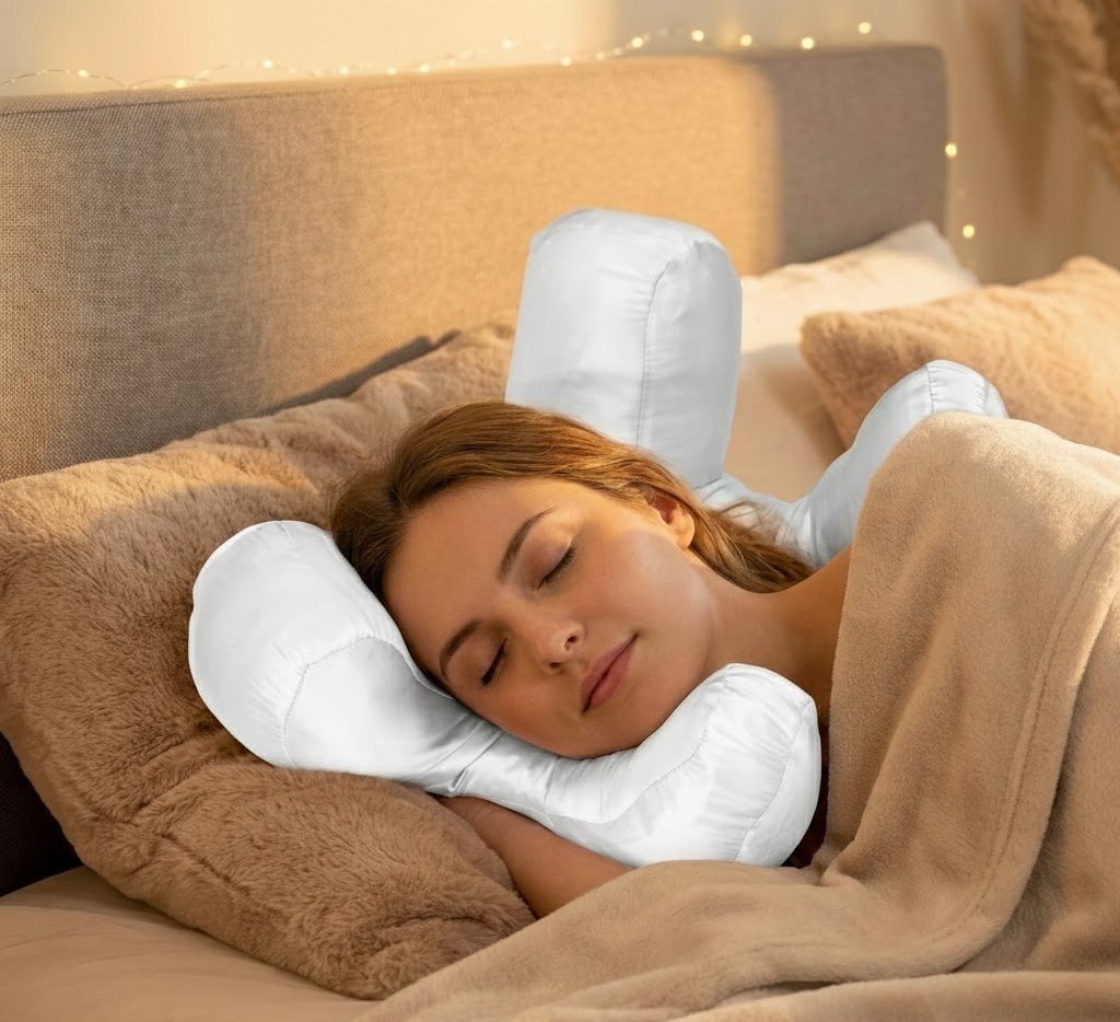 Woman side sleeping on DOWCHI anti-wrinkle beauty face pillow
